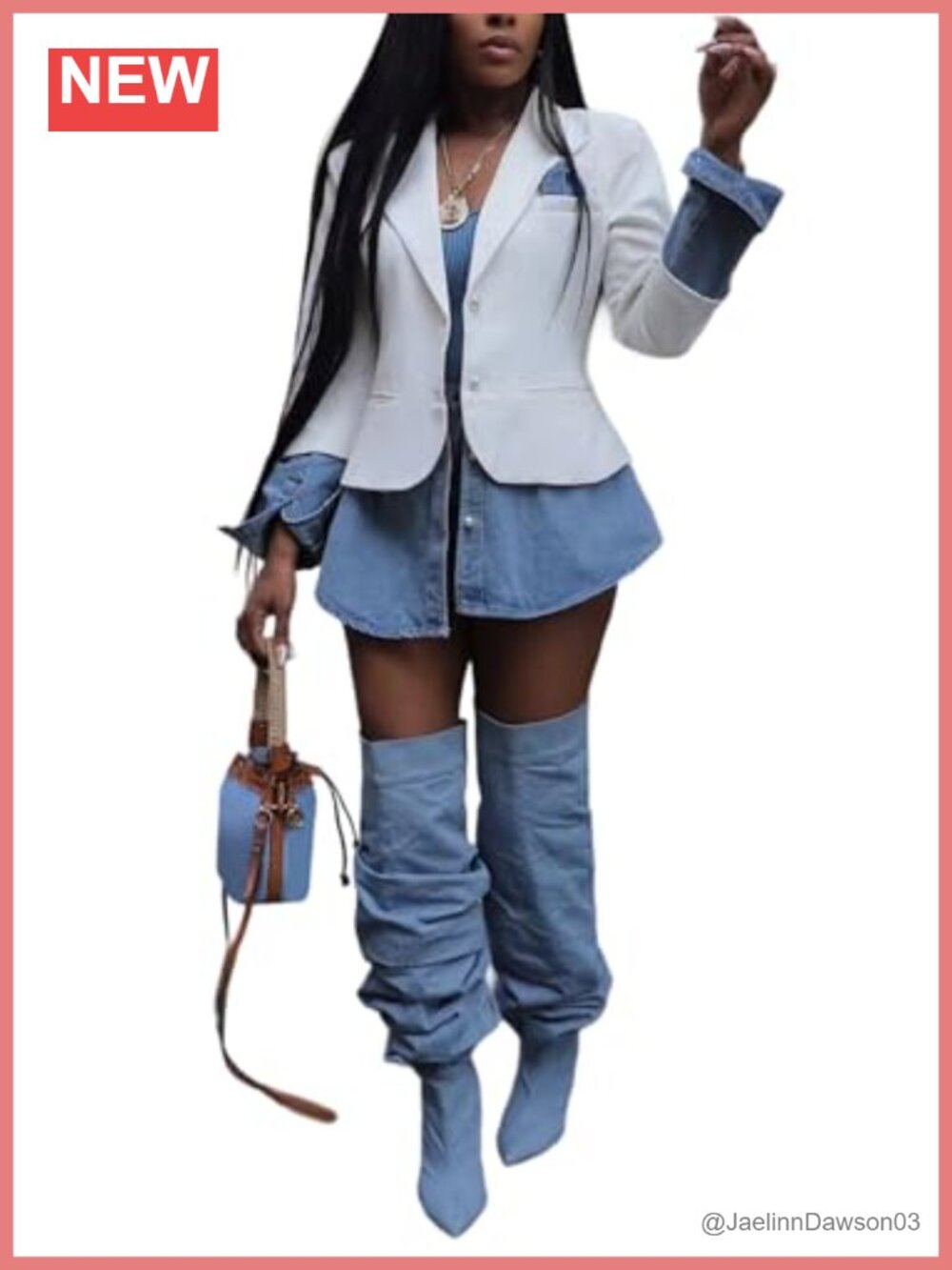 Denim Patchwork Blazer Long Sleeve Pearl Button V-Neck Jacket